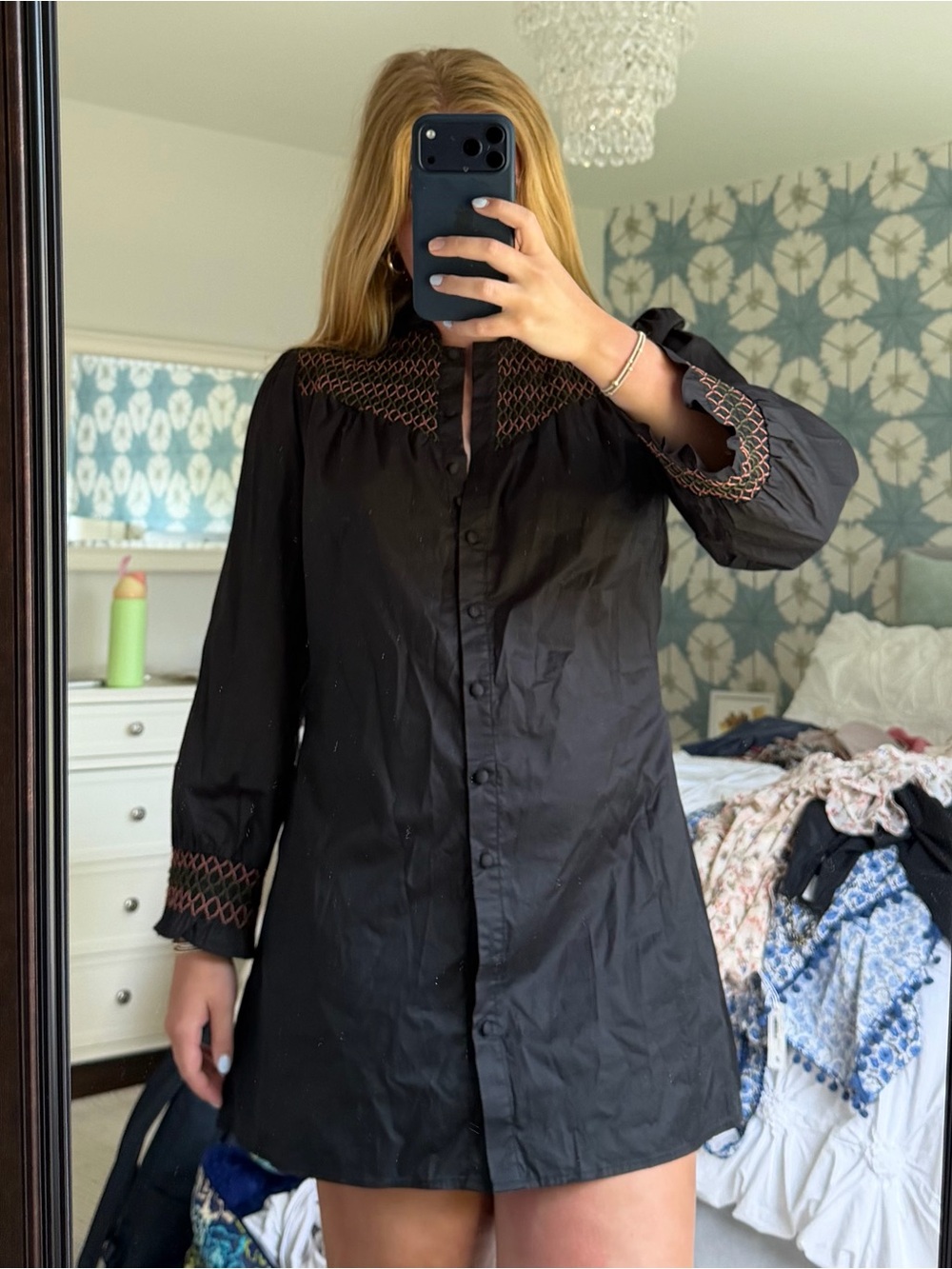 Black Long-Sleeve Button Front Tunic Dress with Embroidered Trim